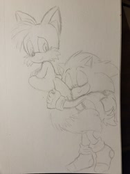 Size: 1536x2048 | Tagged: safe, artist:riri_galpal, miles "tails" prower, sonic the hedgehog, 2024, cute, duo, eyes closed, gay, hugging tail, line art, pencilwork, shipping, sitting, smile, sonic x tails, traditional media