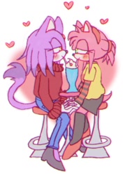 Size: 906x1224 | Tagged: safe, artist:gayblaze, amy rose, blaze the cat, cat, hedgehog, 2018, amy x blaze, cute, drinking, female, females only, hearts, holding hands, lesbian, looking at each other, shipping