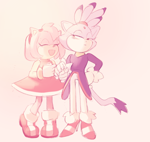 Size: 800x755 | Tagged: safe, artist:ggdgart, amy rose, blaze the cat, cat, hedgehog, 2017, amy x blaze, amy's halterneck dress, blaze's tailcoat, cute, eyes closed, female, females only, holding hands, lesbian, looking at them, mouth open, shipping