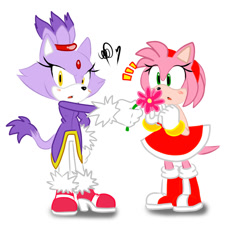 Size: 989x897 | Tagged: safe, artist:xetami, amy rose, blaze the cat, cat, hedgehog, 2017, amy x blaze, amy's halterneck dress, blaze's tailcoat, cute, female, females only, flower, lesbian, looking at viewer, shipping