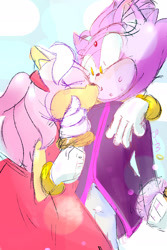 Size: 1280x1920 | Tagged: safe, artist:mighty-isking, amy rose, blaze the cat, abstract background, amy x blaze, arm around shoulders, duo, kiss, lesbian, shipping, standing, sweatdrop