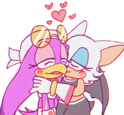 Size: 1026x949 | Tagged: safe, artist:gayblaze, rouge the bat, wave the swallow, blushing, cute, duo, eyes closed, heart, holding them, kiss on cheek, lesbian, rougabetes, shipping, simple background, standing, wavabetes, wavouge, white background