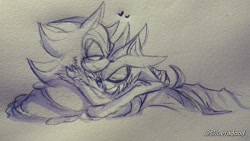 Size: 1280x720 | Tagged: safe, artist:phantomrev, shadow the hedgehog, silver the hedgehog, bed, duo, gay, heart, hugging, line art, shadow x silver, shipping, signature, sketch, smile, traditional media