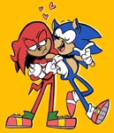 Size: 1260x1462 | Tagged: safe, artist:camrazstuff, knuckles the echidna, sonic the hedgehog, arms folded, duo, eyes closed, gay, heart, knuxonic, lidded eyes, looking at them, pointing, shipping, simple background, standing, yellow background