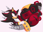 Size: 1280x944 | Tagged: safe, artist:motobugg, e-123 omega, shadow the hedgehog, blushing, carrying them, duo, frown, gay, looking at each other, omegadow, robot, shipping, simple background