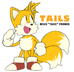 Size: 968x946 | Tagged: safe, artist:marcy_bun627, miles "tails" prower, character name, classic tails, mouth open, simple background, smile, solo, standing, white background