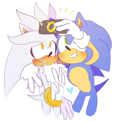 Size: 1018x1064 | Tagged: safe, artist:scuttletown, silver the hedgehog, sonic the hedgehog, arm around shoulders, blushing, cute, duo, gay, heart, holding something, looking at camera, phone, selfie, shipping, simple background, smile, sonilver, standing, sweatdrop, v sign, white background