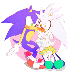 Size: 909x932 | Tagged: safe, artist:scuttletown, silver the hedgehog, sonic the hedgehog, arm around shoulders, blushing, duo, flustered, gay, looking at them, pout, shipping, signature, sitting, smile, sonilver, sweatdrop, wink