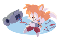 Size: 1280x831 | Tagged: safe, artist:calisdraws, miles "tails" prower, cute, nuke, pliers, screwdriver, signature, simple background, sitting, smile, solo, tailabetes, white background, wire, wrench