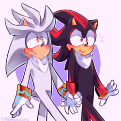 Size: 500x500 | Tagged: safe, artist:leoyoraan, shadow the hedgehog, silver the hedgehog, blushing, duo, frown, gay, holding hands, outline, shadow x silver, shipping, signature, simple background, smile, surprised, walking