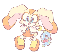 Size: 909x857 | Tagged: safe, artist:mitsukais, cheese (chao), cream the rabbit, chao, blushing, cheeseabetes, creamabetes, cute, duo, eyes closed, flying, heart, large ears, mouth open, neutral chao, simple background, smile, standing, white background