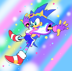 Size: 1280x1257 | Tagged: safe, artist:sm-archive, sonic the hedgehog, abstract background, alternate outfit, clothes, crop top, falling, fingerless gloves, heart, jacket, looking down, rainbow, shorts, smile, solo, star (symbol), stockings, sunglasses