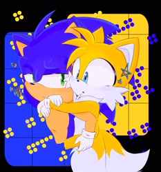 Size: 1790x1917 | Tagged: safe, artist:odiomiexistenci, miles "tails" prower, sonic the hedgehog, 2024, abstract background, duo, gay, mouth open, riding on back, shipping, smile, sonic x tails, star (symbol)