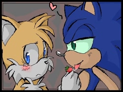 Size: 400x300 | Tagged: suggestive, artist:mirikun, miles "tails" prower, sonic the hedgehog, blushing, border, gay, green sclera, heart, licking, lidded eyes, looking at them, looking away, saliva, saliva trail, shipping, sonic x tails, strawberry, suggestive eating, tears
