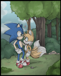 Size: 600x746 | Tagged: safe, artist:mirikun, miles "tails" prower, sonic the hedgehog, abstract background, blushing, bush, daytime, duo, gay, grass, heart, holding them, looking at each other, mouth open, outdoors, rock, shipping, smile, sonic x tails, standing, tree