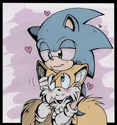 Size: 1909x2048 | Tagged: safe, artist:mirikun, editor:sontailsreddit, miles "tails" prower, sonic the hedgehog, border, cute, duo, edit, gay, heart, hugging, hugging from behind, lidded eyes, looking at them, shipping, smile, sonic x tails, standing, upscaled