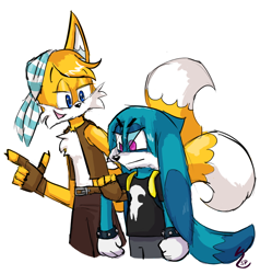 Size: 744x780 | Tagged: safe, artist:scrunglepaws, kit the fennec, miles "tails" prower, sails, 2024, alternate outfit, alternate universe, au:someplace (scrunglepaws), duo, eye clipping through hair, eyebrow clipping through hair, gay, holding another's arm, kit x sails, kitails, looking at them, shipping, shirt, signature, simple background, standing, white background