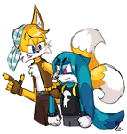 Size: 744x780 | Tagged: safe, artist:scrunglepaws, kit the fennec, miles "tails" prower, sails, 2024, alternate outfit, alternate universe, duo, eye clipping through hair, eyebrow clipping through hair, gay, holding another's arm, kit x sails, kitails, looking at them, shipping, shirt, signature, simple background, standing, white background