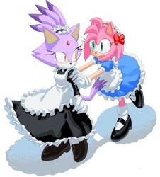 Size: 1333x1473 | Tagged: safe, artist:3i8akira, amy rose, blaze the cat, cat, hedgehog, 2024, amy x blaze, cute, female, females only, lesbian, looking at them, maid outfit, pushing, shipping