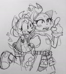 Size: 1280x1436 | Tagged: safe, artist:ripchop4, amy rose, blaze the cat, cat, hedgehog, 2017, amy x blaze, cute, female, females only, hearts, lesbian, line art, shipping, sketch, traditional media