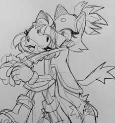 Size: 1280x1380 | Tagged: safe, artist:ripchop4, amy rose, blaze the cat, cat, hedgehog, 2017, amy x blaze, amy's halterneck dress, blaze's tailcoat, cute, female, females only, hugging from behind, lesbian, line art, shipping, sketch, traditional media