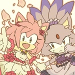Size: 400x400 | Tagged: safe, artist:bukikobuta, amy rose, blaze the cat, cat, hedgehog, 2016, amy x blaze, cute, female, females only, holding hands, lesbian, looking at viewer, mouth open, shipping