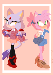 Size: 730x1024 | Tagged: safe, artist:beidia, amy rose, blaze the cat, cat, hedgehog, 2018, amy x blaze, cute, female, females only, lesbian, looking back at them, shipping