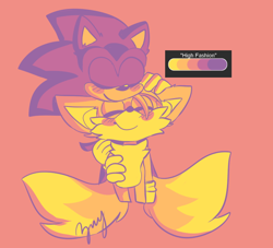 Size: 706x640 | Tagged: safe, artist:zixovi, miles "tails" prower, sonic the hedgehog, blushing, cute, duo, eyes closed, gay, hand on another's head, hand on another's shoulder, limited palette, pink background, shipping, signature, simple background, smile, sonabetes, sonic x tails, standing, tailabetes