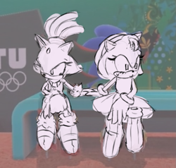 Size: 905x863 | Tagged: safe, artist:wikihowhowtoexist, amy rose, blaze the cat, 2024, amy x blaze, blushing, duo, holding hands, lesbian, mario and sonic at the 2020 olympic games, monochrome, pout, redraw, shipping, sitting, sweatdrop