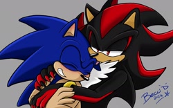 Size: 2048x1280 | Tagged: safe, artist:becci_d_artist, shadow the hedgehog, sonic the hedgehog, 2024, blushing, duo, gay, grey background, grooming, holding them, licking, shadow x sonic, shipping, signature, simple background