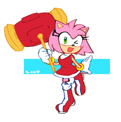 Size: 659x667 | Tagged: safe, artist:loopd33loop, amy rose, 2024, holding something, mouth open, piko piko hammer, signature, smile, solo, wink