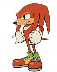Size: 1310x1639 | Tagged: safe, artist:peeper201, knuckles the echidna, 2024, classic knuckles, looking offscreen, simple background, smile, solo, standing, white background