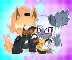 Size: 1974x1631 | Tagged: safe, artist:callme_atlas_, tangle the lemur, whisper the wolf, 2024, :3, abstract background, blushing, cute, duo, eyes closed, fangs, holding hands, lesbian, looking at viewer, shipping, smile, tangle x whisper, wagging tail