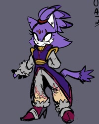 Size: 1064x1330 | Tagged: safe, artist:steel_plated200, blaze the cat, 2024, chipped ear, frown, grey background, looking offscreen, redesign, scar, simple background, solo, standing