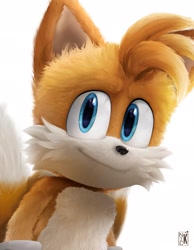 Size: 1587x2048 | Tagged: safe, artist:thatbirdguy_, miles "tails" prower, 2024, lineless, looking at viewer, movie style, signature, simple background, smile, solo, white background