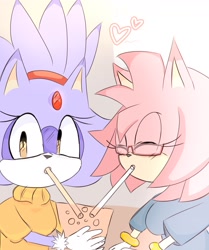 Size: 1500x1796 | Tagged: safe, artist:ktt_nsurgelover, amy rose, blaze the cat, cat, hedgehog, 2024, amy x blaze, cute, drinking, female, females only, glasses, lesbian, looking at viewer, shipping, straw