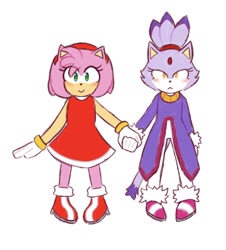 Size: 724x800 | Tagged: safe, artist:infinyxworlds, amy rose, blaze the cat, cat, hedgehog, 2024, amy x blaze, amy's halterneck dress, blaze's tailcoat, cute, female, females only, holding hands, lesbian, looking at viewer, shipping, smile