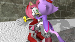 Size: 1024x576 | Tagged: safe, artist:mega--x, amy rose, blaze the cat, cat, hedgehog, 2017, 3d, amy x blaze, amy's halterneck dress, blaze's tailcoat, cute, female, females only, hand on cheek, lesbian, looking at each other, shipping