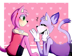 Size: 1024x792 | Tagged: safe, artist:spocky-late, amy rose, blaze the cat, cat, hedgehog, 2018, amy x blaze, blushing, cute, eyes closed, female, females only, lesbian, mouth open, shipping