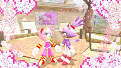 Size: 1280x720 | Tagged: safe, artist:xxalienfaeprincexx, amy rose, blaze the cat, cat, hedgehog, 2021, 3d, amy x blaze, blaze's tailcoat, cute, female, females only, holding hands, lesbian, looking at each other, riders outfit, shipping