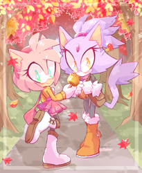 Size: 1099x1340 | Tagged: safe, artist:makomacchiato, amy rose, blaze the cat, cat, hedgehog, 2023, amy x blaze, cute, female, females only, lesbian, looking at viewer, shipping
