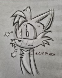 Size: 1641x2048 | Tagged: safe, artist:regnumnihilae, miles "tails" prower, 2024, arrow through heart, blushing, blushing ears, english text, frown, gay panic, line art, looking offscreen, pencilwork, redraw, solo, sweatdrop