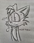 Size: 1641x2048 | Tagged: safe, artist:regnumnihilae, miles "tails" prower, 2024, arrow through heart, blushing, blushing ears, english text, frown, gay panic, line art, looking offscreen, pencilwork, redraw, solo, sweatdrop