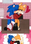 Size: 1414x2000 | Tagged: safe, artist:kentowo0, miles "tails" prower, sonic the hedgehog, 2024, abstract background, alternate universe, blushing, clothes, comic, duo, exclamation mark, gay, heart, holding tail, kiss, nervous, sfx, shipping, sonic x tails, standing