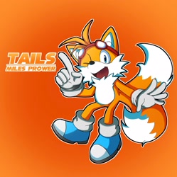Size: 2040x2048 | Tagged: safe, artist:milesprowercute, miles "tails" prower, 2024, blue shoes, character name, goggles, gradient background, mouth open, outline, pointing, smile, solo, wink