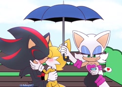 Size: 2048x1465 | Tagged: safe, artist:nekitogame67025, miles "tails" prower, rouge the bat, shadow the hedgehog, 2024, abstract background, daytime, eyes closed, gay, heart, holding each other, holding something, kiss, looking at something, outdoors, phone, shadails, shipping, signature, smile, trio, umbrella