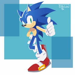 Size: 2048x2048 | Tagged: safe, artist:sonic3_da, sonic the hedgehog, 2024, abstract background, looking at viewer, smile, solo, standing, standing on one leg, style emulation, thumbs up, yui karasuno style
