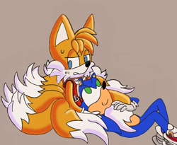 Size: 960x787 | Tagged: safe, artist:regnumnihilae, miles "tails" prower, nine, sonic the hedgehog, sonic prime, alternate universe, beige background, blushing, duo, gay, holding them, kitsune, looking at them, looking away, lying down, nine x sonic, shipping, simple background, sitting, smile, sonic x tails, sweatdrop