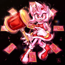 Size: 1300x1300 | Tagged: safe, artist:jkt_sonic, amy rose, 2024, alternate super form, black background, card, holding something, looking at viewer, piko piko hammer, simple background, smile, solo, sparkles, super amy, super form