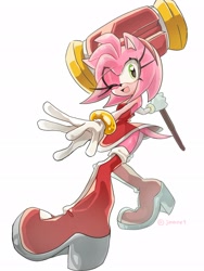 Size: 1536x2048 | Tagged: safe, artist:jmmre1, amy rose, 2024, eye clipping through hair, holding something, looking at viewer, piko piko hammer, signature, simple background, smile, solo, standing, white background, wink